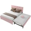 Redom Lit 140x200 cm avec tête de lit capitonnée et sommier gigogne, tapissé velours rose et MDF design Best