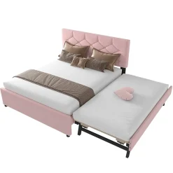 Redom Lit 140x200 cm avec tête de lit capitonnée et sommier gigogne, tapissé velours rose et MDF design Best