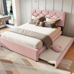 Redom Lit 140x200 cm avec tête de lit capitonnée et sommier gigogne, tapissé velours rose et MDF design Best