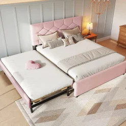 Redom Lit 140x200 cm avec tête de lit capitonnée et sommier gigogne, tapissé velours rose et MDF design Best