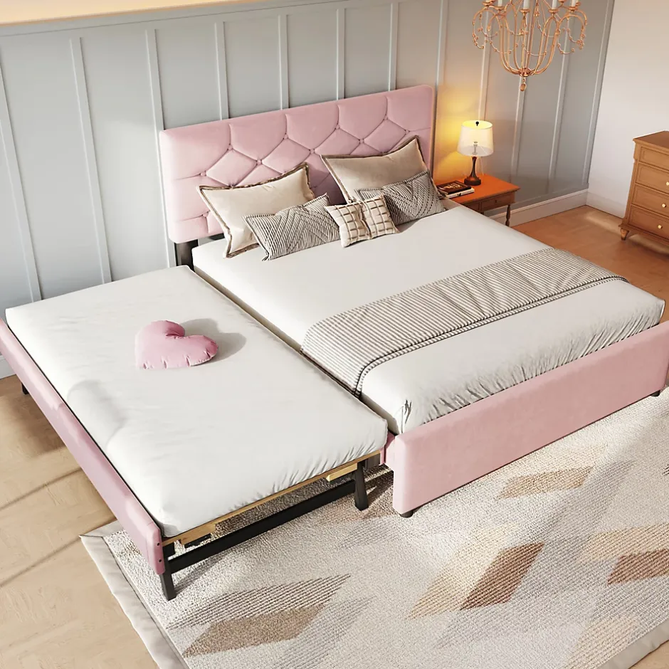 Redom Lit 140x200 cm avec tête de lit capitonnée et sommier gigogne, tapissé velours rose et MDF design Best