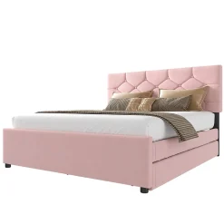 Redom Lit 140x200 cm avec tête de lit capitonnée et sommier gigogne, tapissé velours rose et MDF design Best