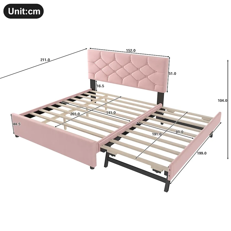 Redom Lit 140x200 cm avec tête de lit capitonnée et sommier gigogne, tapissé velours rose et MDF design Best