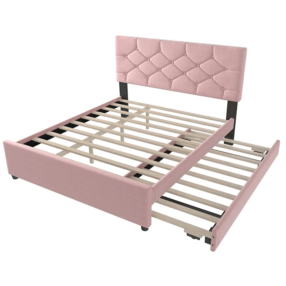 Redom Lit 140x200 cm avec tête de lit capitonnée et sommier gigogne, tapissé velours rose et MDF design Best