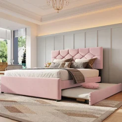 Redom Lit 140x200 cm avec tête de lit capitonnée et sommier gigogne, tapissé velours rose et MDF design Best