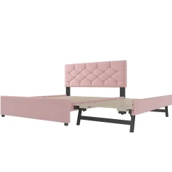 Redom Lit 140x200 cm avec tête de lit capitonnée et sommier gigogne, tapissé velours rose et MDF design Best