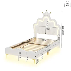 Redom Lit 90x200 cm avec tête de lit couronnée et éclairage LED RVB, tapissé PU blanc, cadre MDF solide et hauteur réglable Discount