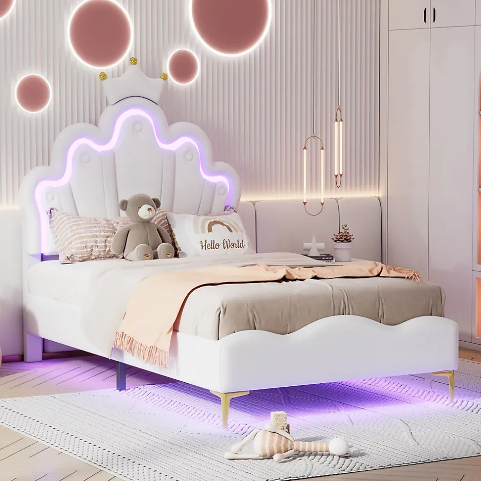 Redom Lit 90x200 cm avec tête de lit couronnée et éclairage LED RVB, tapissé PU blanc, cadre MDF solide et hauteur réglable Discount
