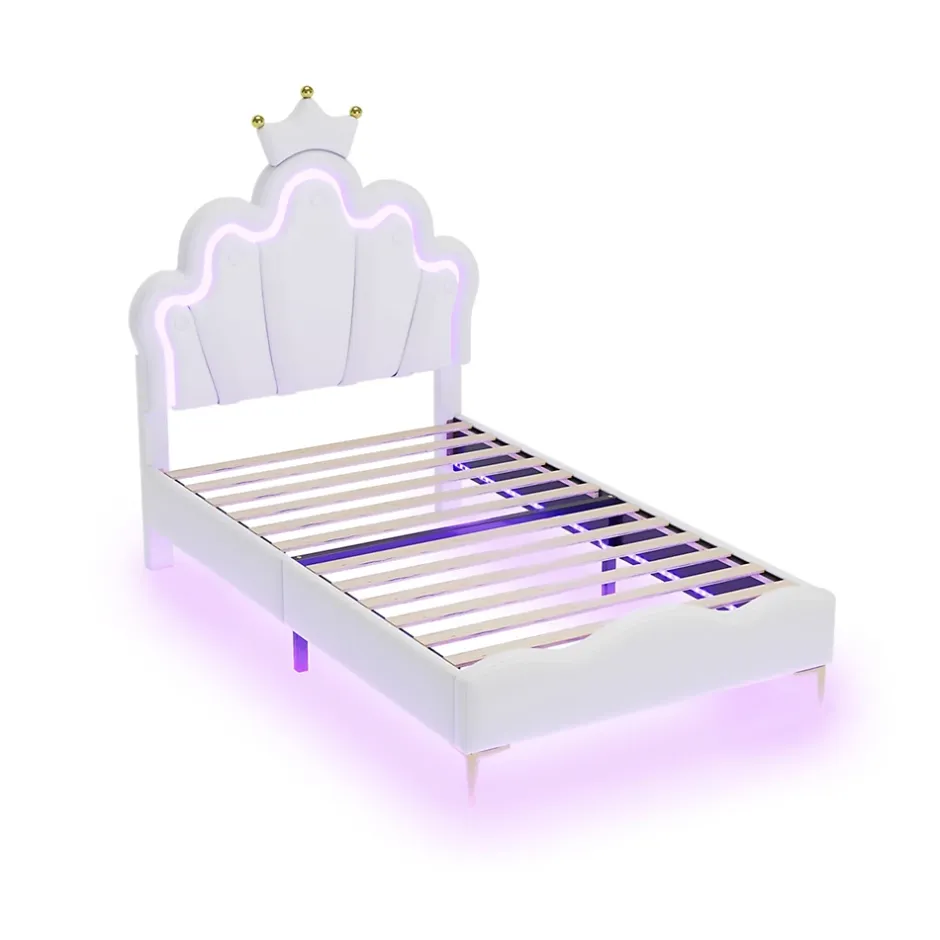 Redom Lit 90x200 cm avec tête de lit couronnée et éclairage LED RVB, tapissé PU blanc, cadre MDF solide et hauteur réglable Discount