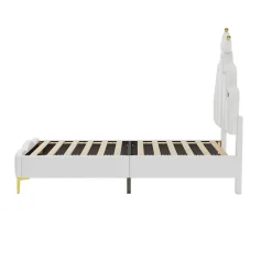 Redom Lit 90x200 cm avec tête de lit couronnée et éclairage LED RVB, tapissé PU blanc, cadre MDF solide et hauteur réglable Discount