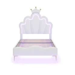 Redom Lit 90x200 cm avec tête de lit couronnée et éclairage LED RVB, tapissé PU blanc, cadre MDF solide et hauteur réglable Discount