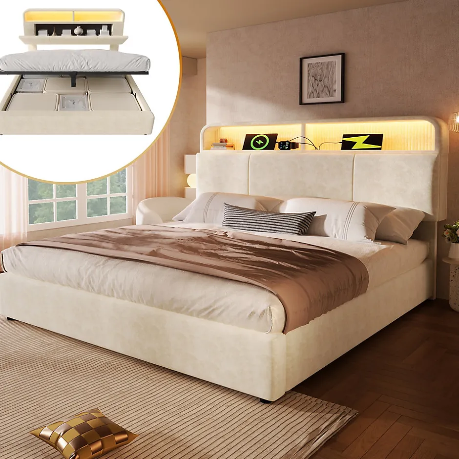 Redom Lit 140x200 cm avec tête de lit réglable et rangement hydraulique, velours beige, LED et station de charge