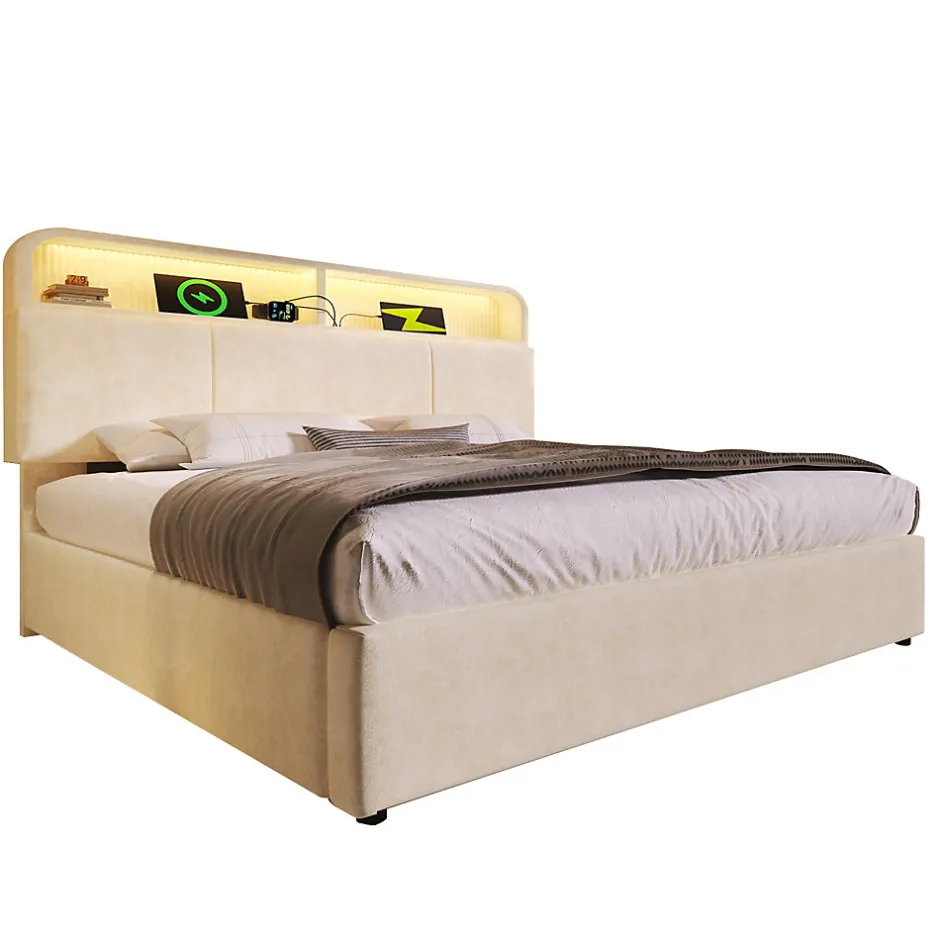 Redom Lit 140x200 cm avec tête de lit réglable et rangement hydraulique, velours beige, LED et station de charge