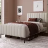 Redom Lit 90x200 cm avec tête de lit réglable, revêtement lin gris-beige et sommier à lattes, cadre métal/bois