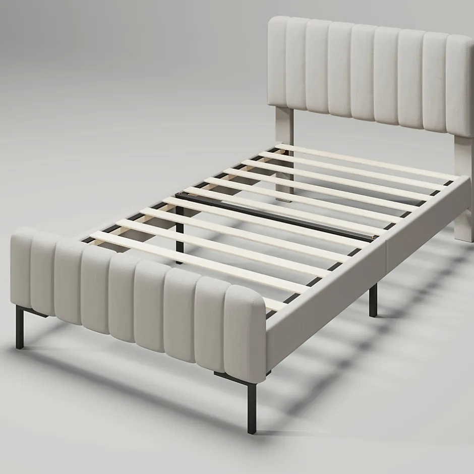 Redom Lit 90x200 cm avec tête de lit réglable, revêtement lin gris-beige et sommier à lattes, cadre métal/bois