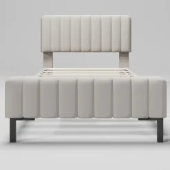 Redom Lit 90x200 cm avec tête de lit réglable, revêtement lin gris-beige et sommier à lattes, cadre métal/bois
