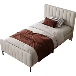 Redom Lit 90x200 cm avec tête de lit réglable, revêtement lin gris-beige et sommier à lattes, cadre métal/bois