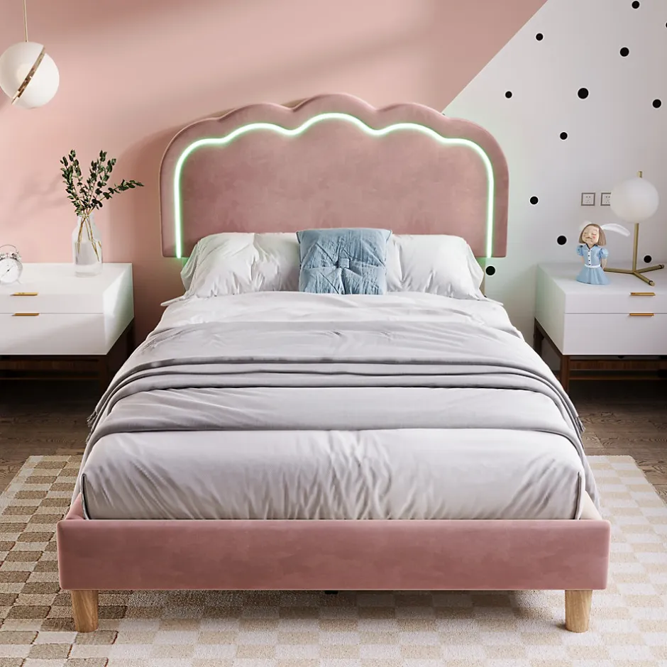 Redom Lit 90x190 cm avec tête de lit LED réglable, tapissé velours rose, cadre rembourré au design moderne