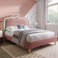 Redom Lit 90x190 cm avec tête de lit LED réglable, tapissé velours rose, cadre rembourré au design moderne