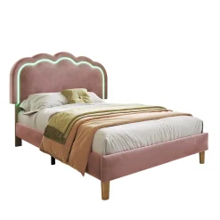 Redom Lit 90x190 cm avec tête de lit LED réglable, tapissé velours rose, cadre rembourré au design moderne