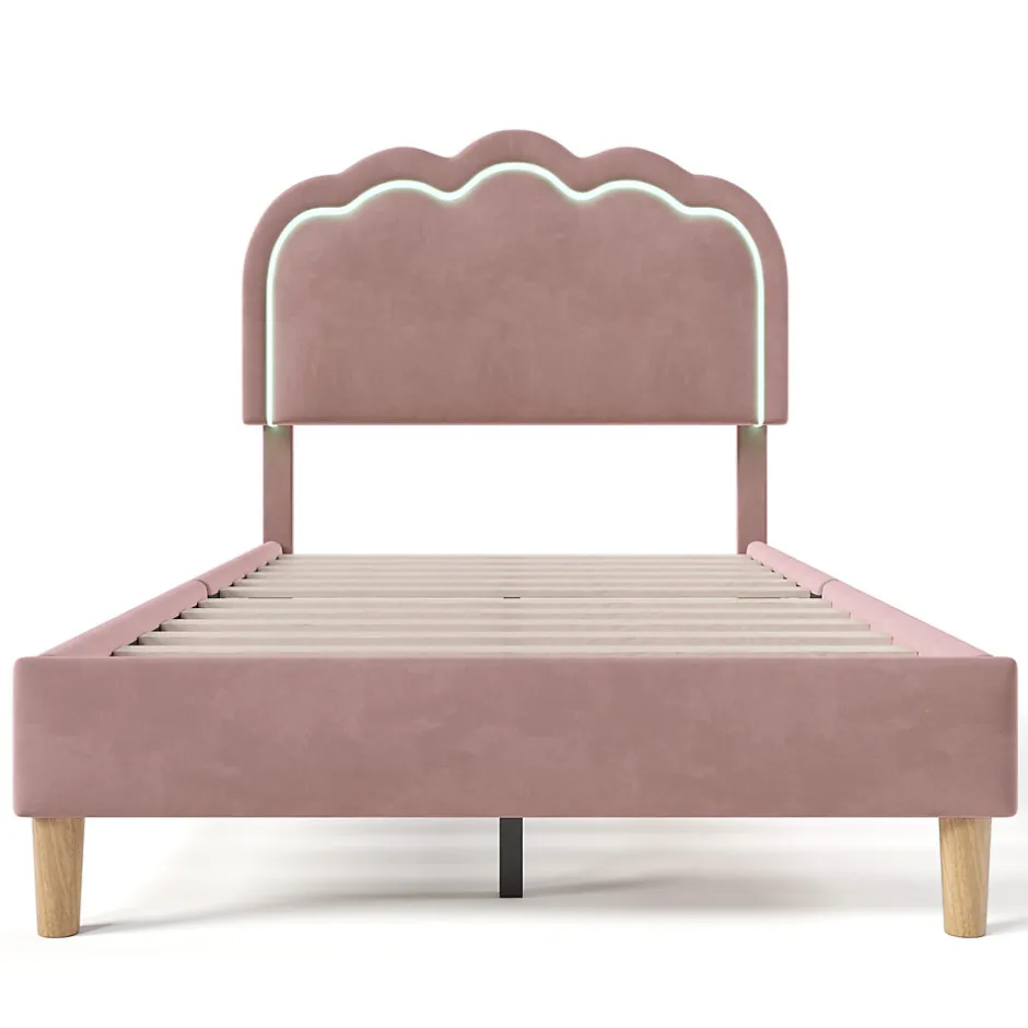 Redom Lit 90x190 cm avec tête de lit LED réglable, tapissé velours rose, cadre rembourré au design moderne