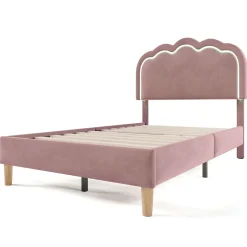 Redom Lit 90x190 cm avec tête de lit LED réglable, tapissé velours rose, cadre rembourré au design moderne