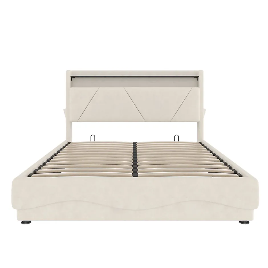 Redom Lit 160x200 cm avec tête de lit LED, rangement intégré et revêtement velours beige, design contemporain New