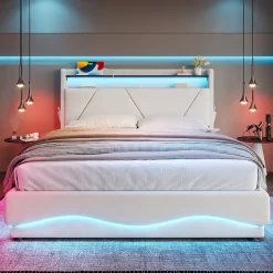 Redom Lit 160x200 cm avec tête de lit LED, rangement intégré et revêtement velours beige, design contemporain New