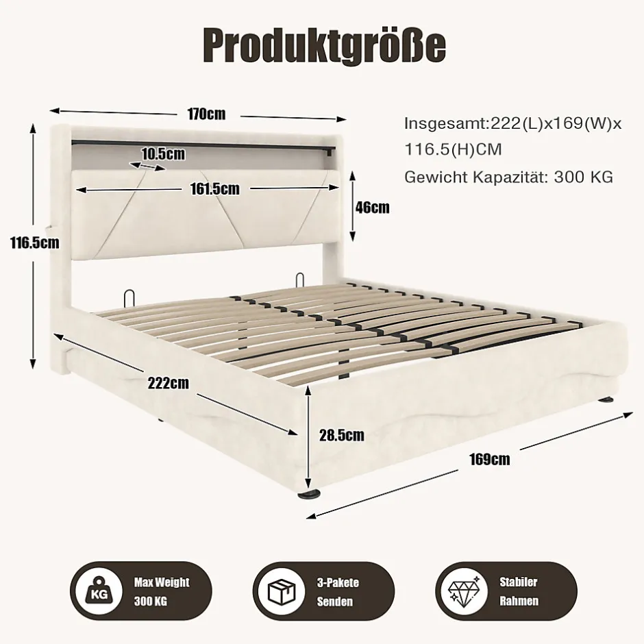 Redom Lit 160x200 cm avec tête de lit LED, rangement intégré et revêtement velours beige, design contemporain New