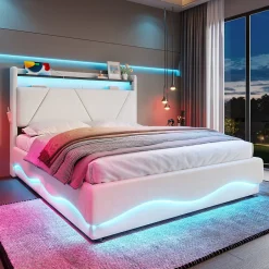 Redom Lit 160x200 cm avec tête de lit LED, rangement intégré et revêtement velours beige, design contemporain New