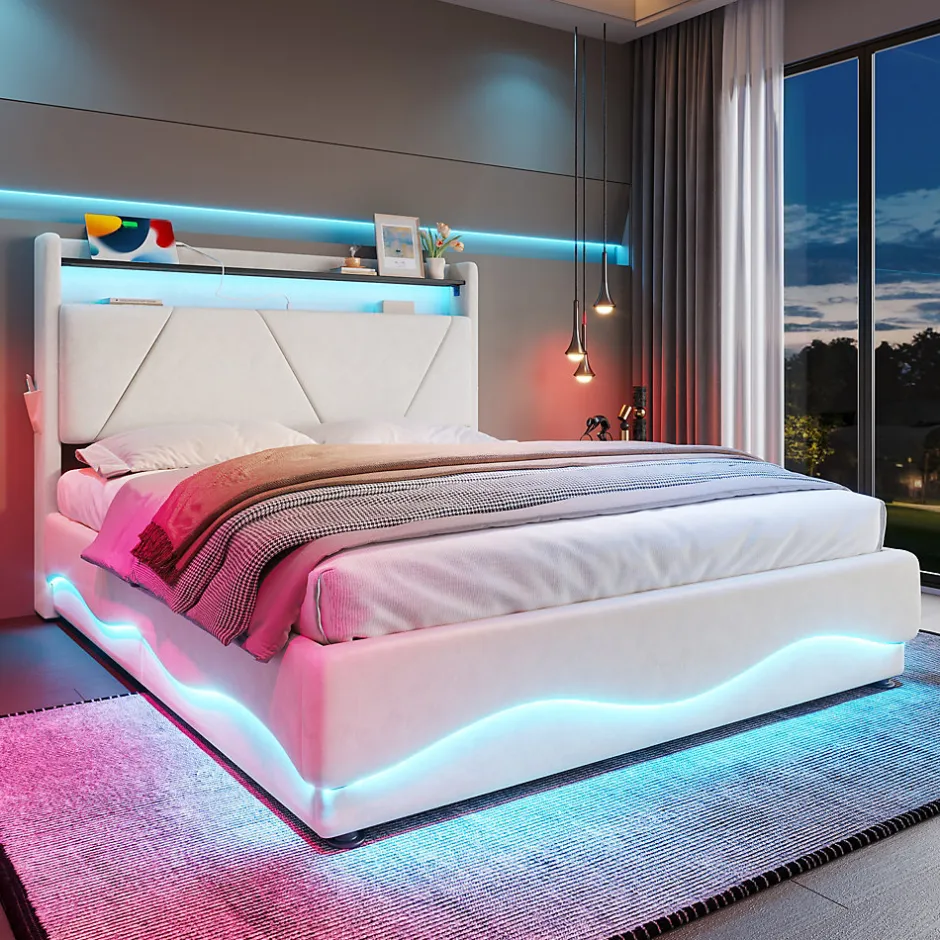 Redom Lit 160x200 cm avec tête de lit LED, rangement intégré et revêtement velours beige, design contemporain New