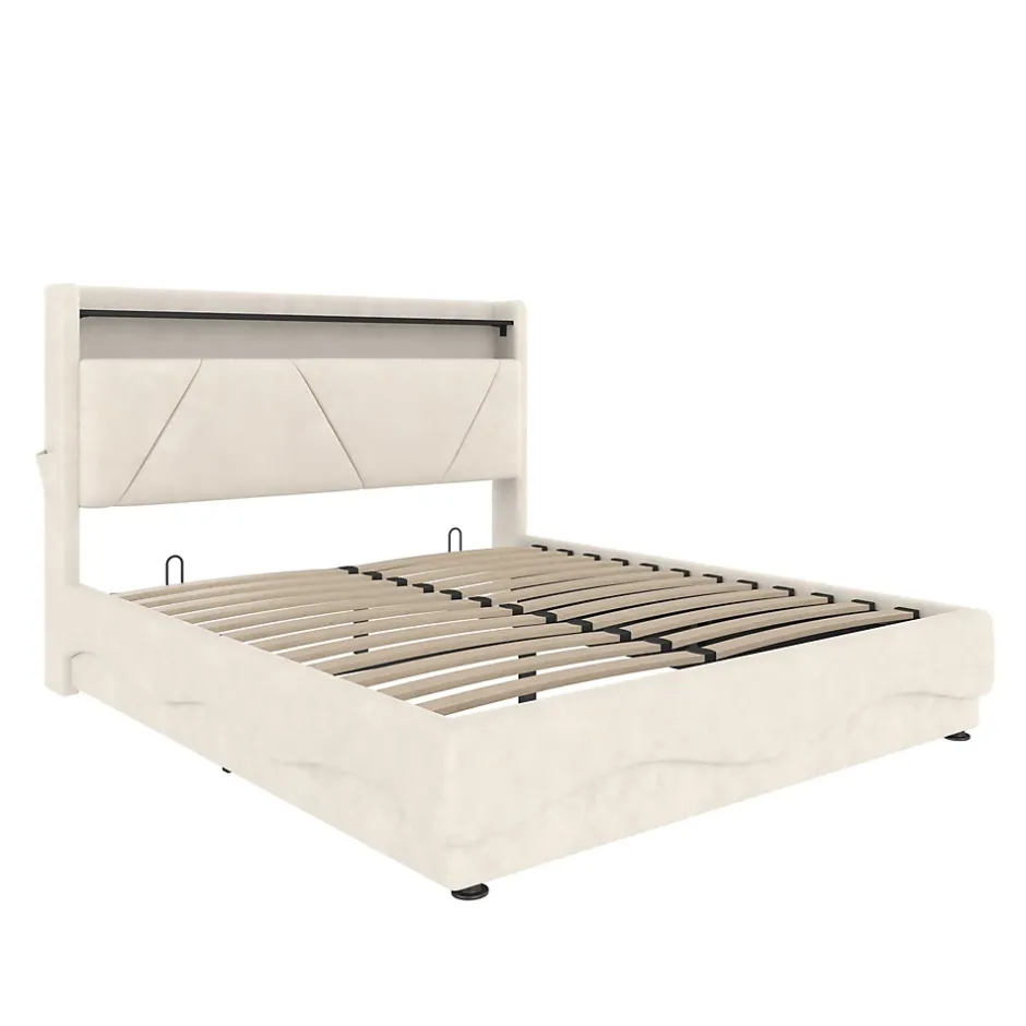 Redom Lit 160x200 cm avec tête de lit LED, rangement intégré et revêtement velours beige, design contemporain New