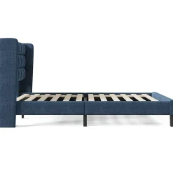 Redom Lit 140x200 cm avec tête de lit tapissée en lin bleu, pieds noirs et sommier à lattes intégré, design élégant