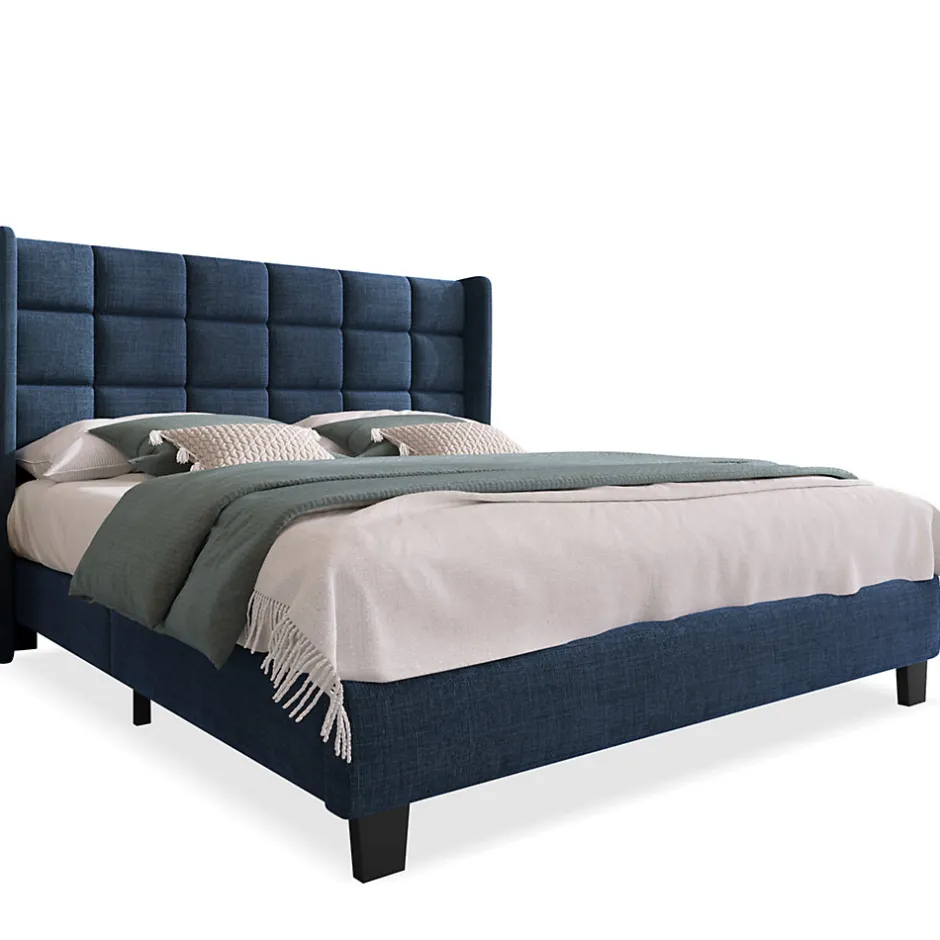 Redom Lit 140x200 cm avec tête de lit tapissée en lin bleu, pieds noirs et sommier à lattes intégré, design élégant