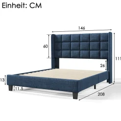 Redom Lit 140x200 cm avec tête de lit tapissée en lin bleu, pieds noirs et sommier à lattes intégré, design élégant