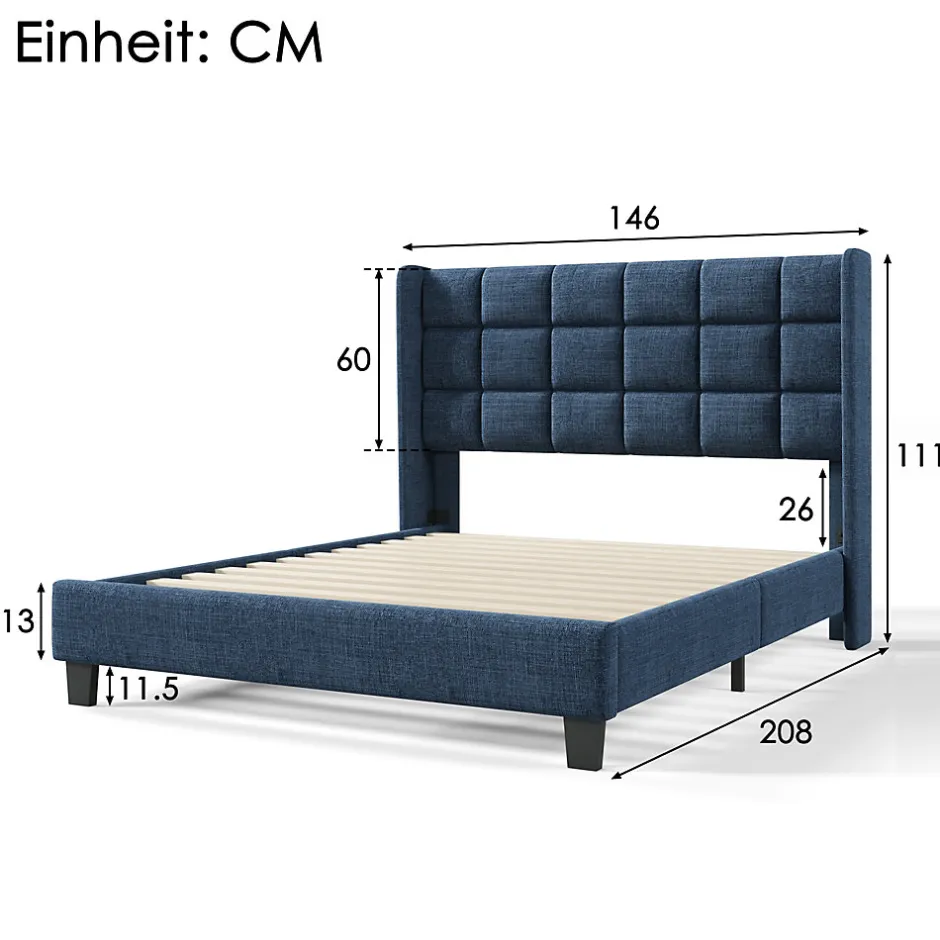 Redom Lit 140x200 cm avec tête de lit tapissée en lin bleu, pieds noirs et sommier à lattes intégré, design élégant