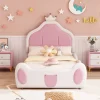 Redom Lit 90x200 cm avec tête de lit en forme de couronne, revêtement simili cuir blanc et rose, cadre métal et panneaux bois
