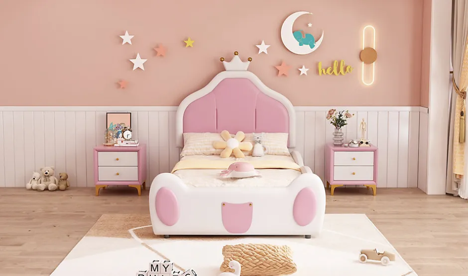 Redom Lit 90x200 cm avec tête de lit en forme de couronne, revêtement simili cuir blanc et rose, cadre métal et panneaux bois