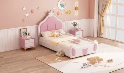 Redom Lit 90x200 cm avec tête de lit en forme de couronne, revêtement simili cuir blanc et rose, cadre métal et panneaux bois