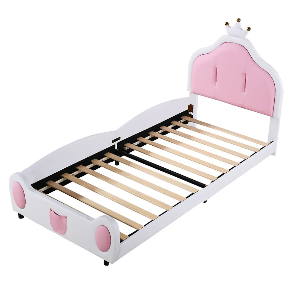 Redom Lit 90x200 cm avec tête de lit en forme de couronne, revêtement simili cuir blanc et rose, cadre métal et panneaux bois