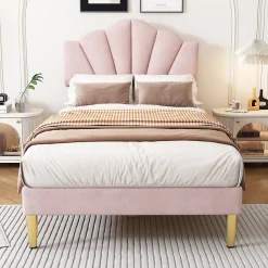 Redom Lit 90x200 cm avec tête de lit coquillage réglable et pieds métal doré, velours rose, design élégant