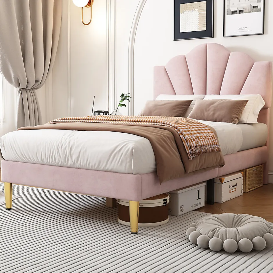 Redom Lit 90x200 cm avec tête de lit coquillage réglable et pieds métal doré, velours rose, design élégant