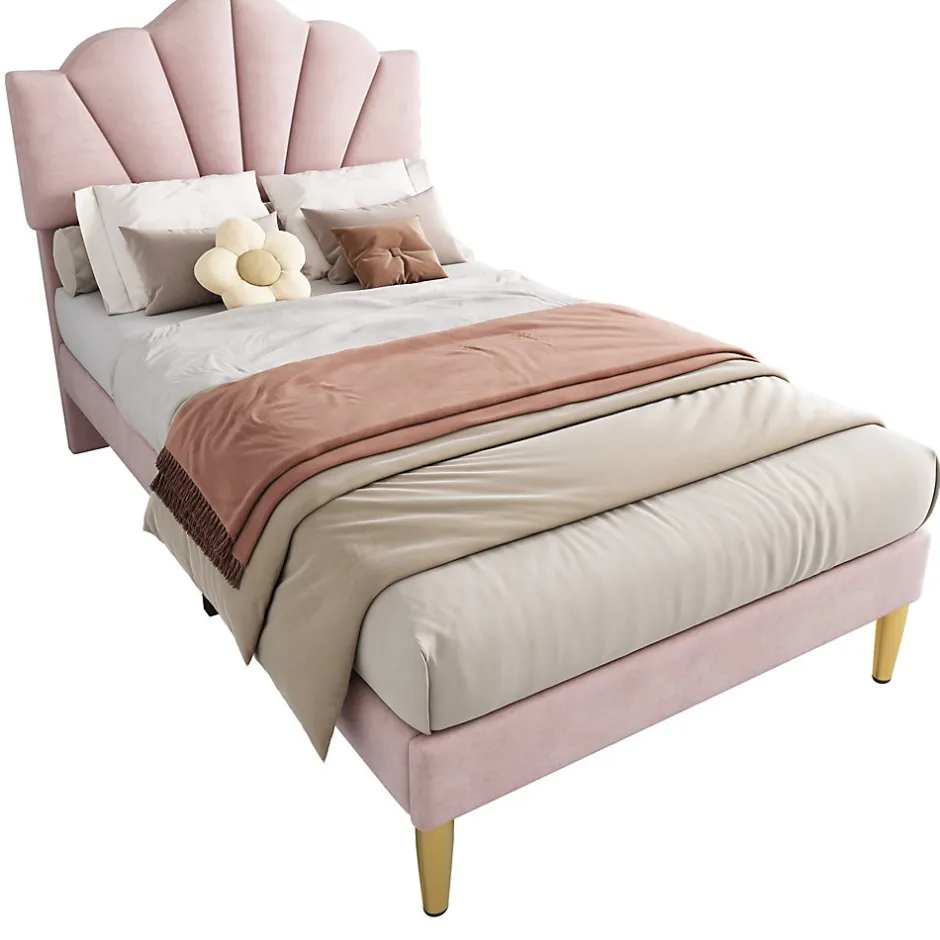 Redom Lit 90x200 cm avec tête de lit coquillage réglable et pieds métal doré, velours rose, design élégant