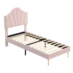 Redom Lit 90x200 cm avec tête de lit coquillage réglable et pieds métal doré, velours rose, design élégant
