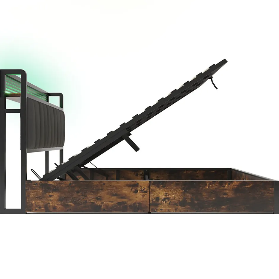 Redom Lit 160x200 cm avec tête de lit LED RGBW, coffre de rangement, cadre métal et revêtement lin gris contemporain