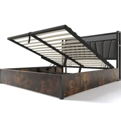 Redom Lit 160x200 cm avec tête de lit LED RGBW, coffre de rangement, cadre métal et revêtement lin gris contemporain