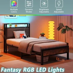 Redom Lit 90x200 cm avec tête de lit haute et LED multicolore, station de charge USB intégrée et cadre métal Outlet