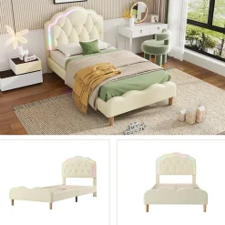 Redom Lit 90x200 cm avec tête de lit ondulée et bande LED multicolore intégrée, tapissé PU beige, lattes en bois