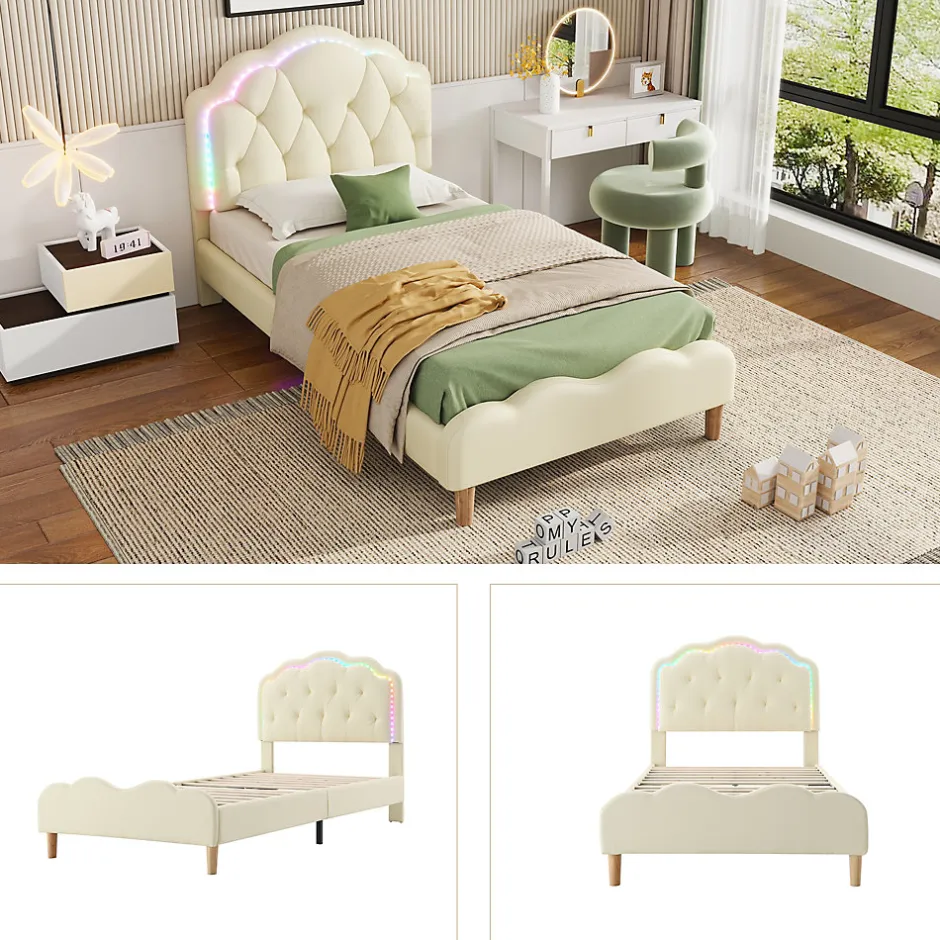 Redom Lit 90x200 cm avec tête de lit ondulée et bande LED multicolore intégrée, tapissé PU beige, lattes en bois