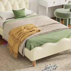 Redom Lit 90x200 cm avec tête de lit ondulée et bande LED multicolore intégrée, tapissé PU beige, lattes en bois